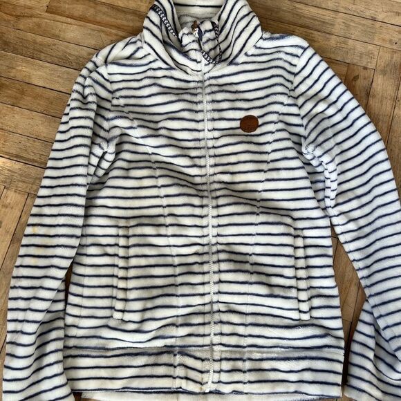 Roxy, super soft fleece zip up jacket, size ladies large.  White/blue stripes. - Picture 1 of 5